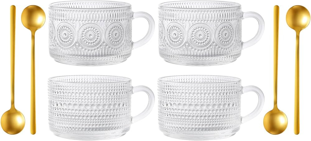 kickmove 4 Pack 14oz Glass Coffee Mugs with Spoons, Clear Embossed Vintage Cups for Latte,Cappucc... | Amazon (US)