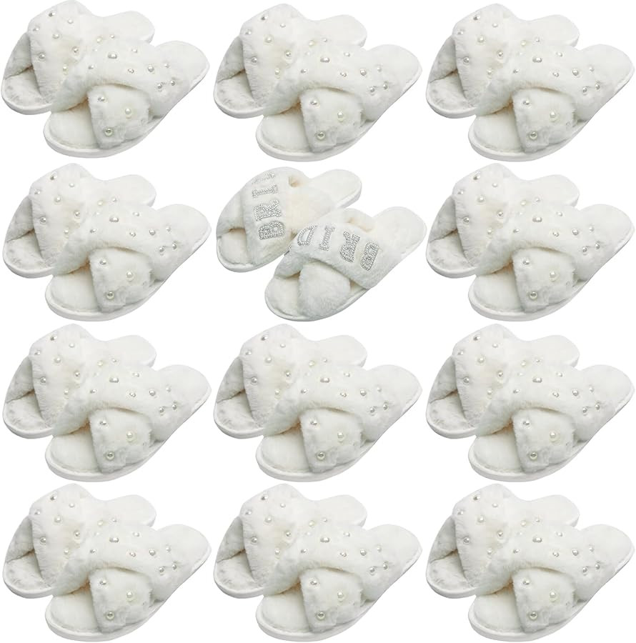 12 Pairs Women's Fuzzy Slippers Bulk Cross Band Open Toe Bridesmaid Slippers Plush Furry Slippers... | Amazon (US)