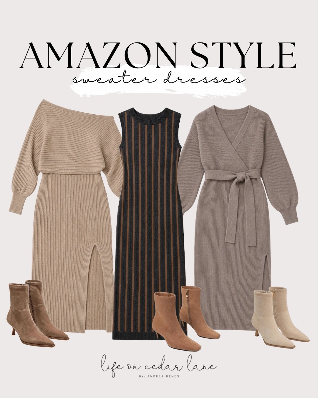 Fall fashion inspiration: Cozy sweater dresses & stylish boots. #fallstyle #amazonstyle