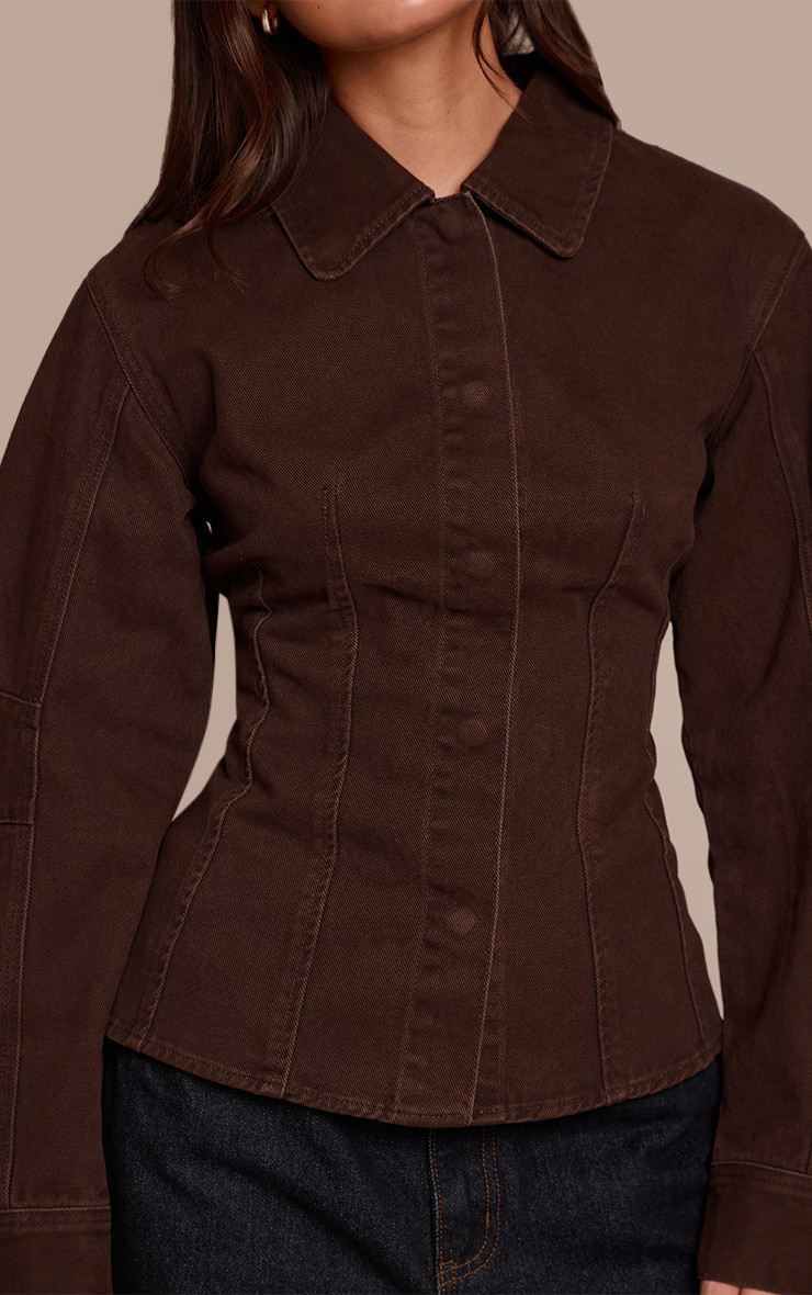 Chocolate Balloon Sleeve Cinched Denim Shirt | Denim | PrettyLittleThing US