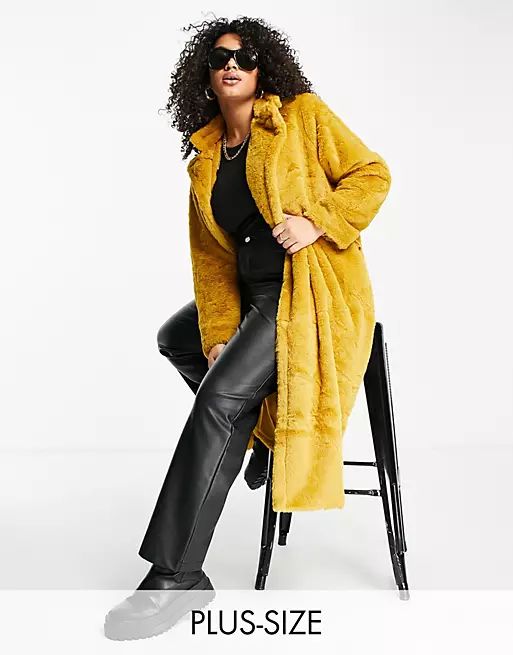 Missguided Plus longline faux fur coat in mustard | ASOS (Global)