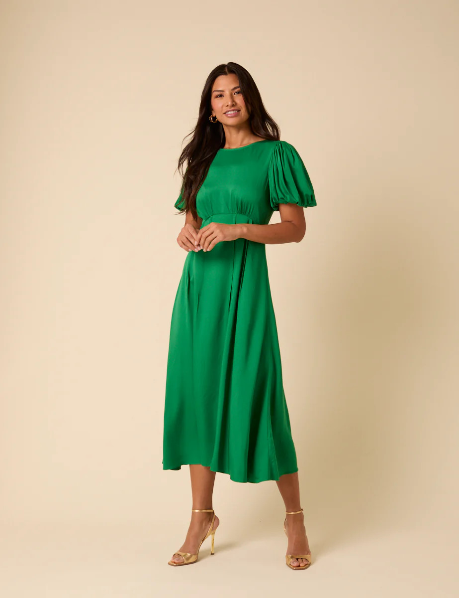 Green Satin Puff Sleeve Quinn Midi Dress | Nobody's Child