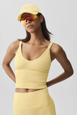 ALO | Seamless Ribbed V-Neck Favorite Bra Tank Top in Warm Butter, Size: Medium | Alo Yoga