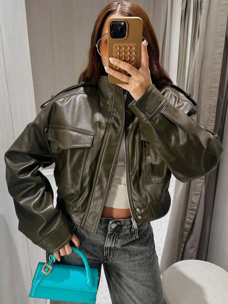 Women's PU Leather Jacket, Suitable For Autumn/Winter, Short Zip-Up Bomber Jacket, Long Sleeve Top, Women's Cropped Street Style Jacket | SHEIN