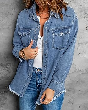 Vetinee Women’s Oversized Button Up Frayed Hem Shacket Long Sleeve Pockets Denim Jean Jacket | Amazon (US)