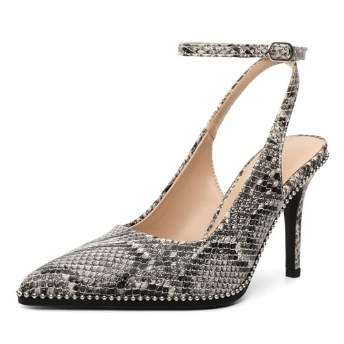Soireelady Snake Skin Pumps for Women Ankle Strap Slingback Beaded High Heels Pointed Toe Stilettos Dress Shoes 3.5 Inch Snakeskin Grey US Size 9C | Amazon (US)
