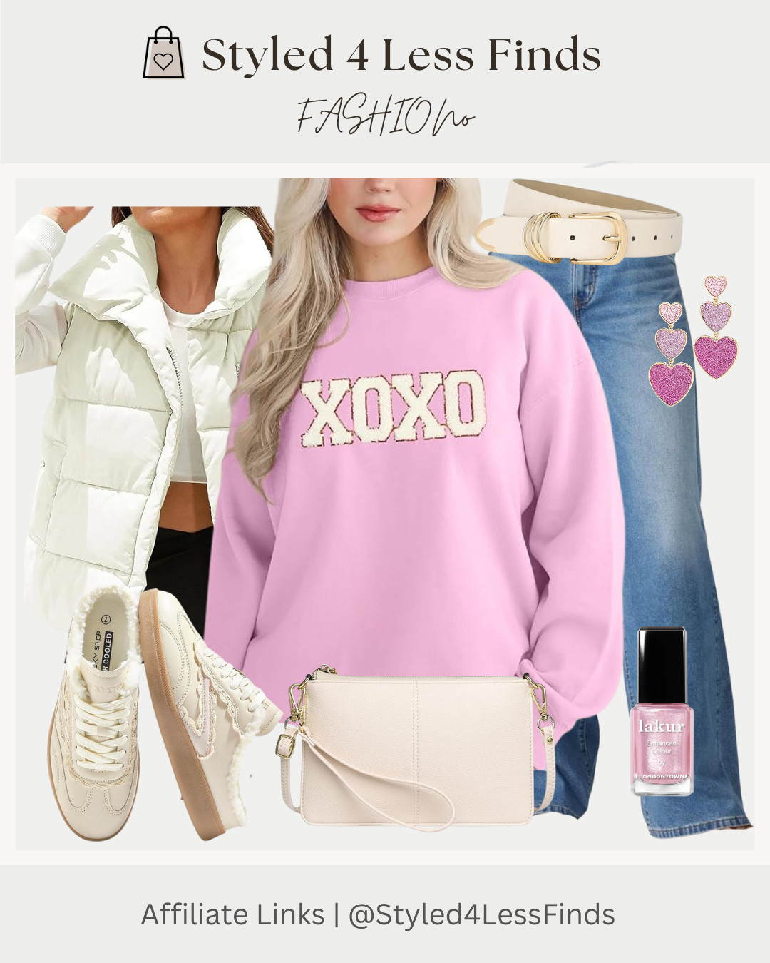 This Valentine’s Day outfit is all about cozy layers, soft pinks, and everyday pieces that still feel fun and festive. The XOXO sweatshirt adds the perfect playful touch, while light denim and neutral accessories keep it wearable beyond February.

Style Tip: When wearing a statement graphic or slogan top, balance it with clean, neutral basics—this keeps the look chic and effortless, not overdone. 

 #LTKcanada #LTKjeans #LTKstyletip