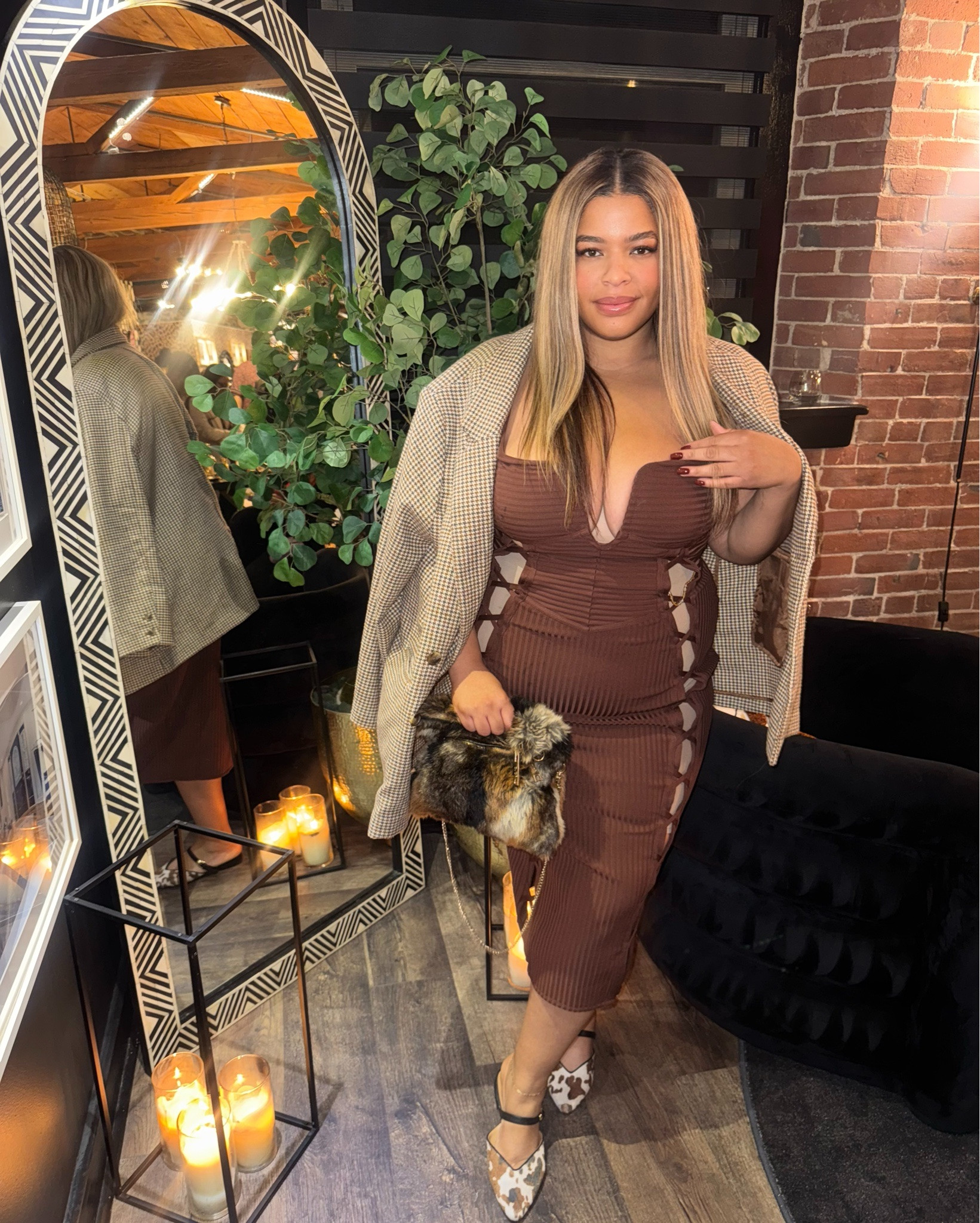 A moment or 3 for the dress! This is the perfect cocktail dress for all winter, fall summer or spring. This chocolate brown bodycon style accentuates the curves. Dressed down with a casual twill blazer and stylish flats. 

#LTKMidsize #LTKStyleTip #LTKPlusSize