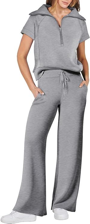 ANRABESS Women 2 Piece Outfits Sweatsuit Summer Half Zip Sweatshirt Wide Leg Pant Sweat Lounge Se... | Amazon (US)