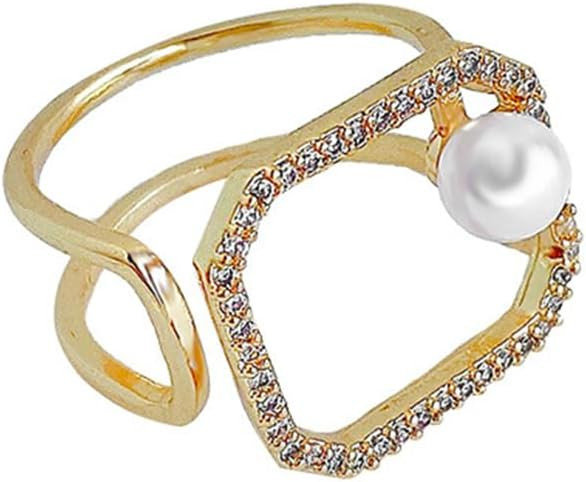 Rectangle Open Band Ring for Women Girls Gold Plated CZ Faux Pearls Layer Geometrical Statement A... | Amazon (US)
