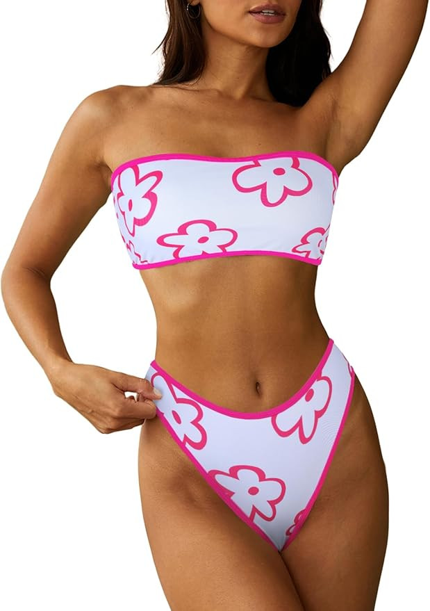 ZAFUL Women Strapless Wave Bandeau Bikini 2 Piece Swimwear Cheeky Solid Lace up Bathing Suits | Amazon (US)