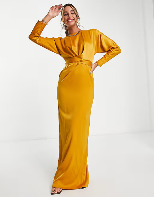 ASOS DESIGN satin maxi dress with batwing sleeve and wrap waist in mustard | ASOS (Global)