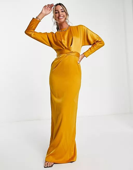 ASOS DESIGN satin maxi dress with batwing sleeve and wrap waist in mustard | ASOS (Global)