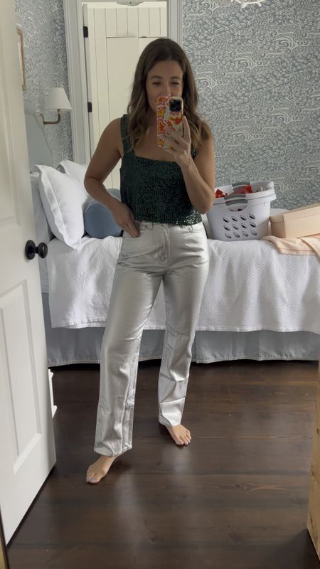 Cutest green sequin top and silver denim (that is soft and comfortable!). Wearing a small on top and 27 bottoms. 

#LTKSeasonal #LTKHoliday #LTKGiftGuide