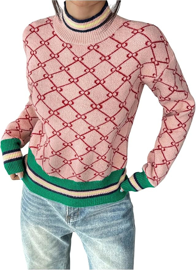 RoseSeek Women's Geometric Striped Sweaters Mock Neck Long Sleeve Pullover Jumper Old Money Cloth... | Amazon (US)