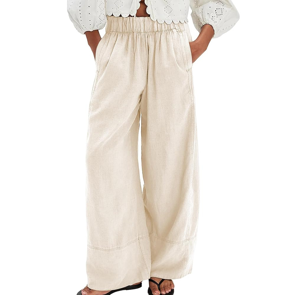 Linen Pants for Women Cotton Baggy Boho Casual Palazzo Pants Wide Leg Long Lounge Trousers with P... | Amazon (US)