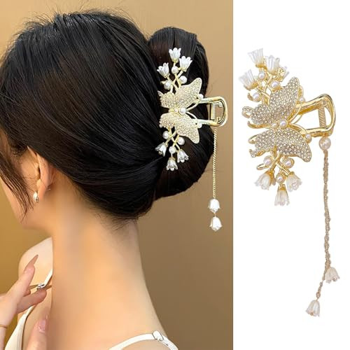 1 Pack Big Butterfly Hair Claw Clip Metal Gold Hair Clips Crystal Rhinestone Butterfly Claw Clips Lily of the Valley Pearl Tassel Design Non Slips Hair Accessories for Women Wedding Birthday Decor | Amazon (US)