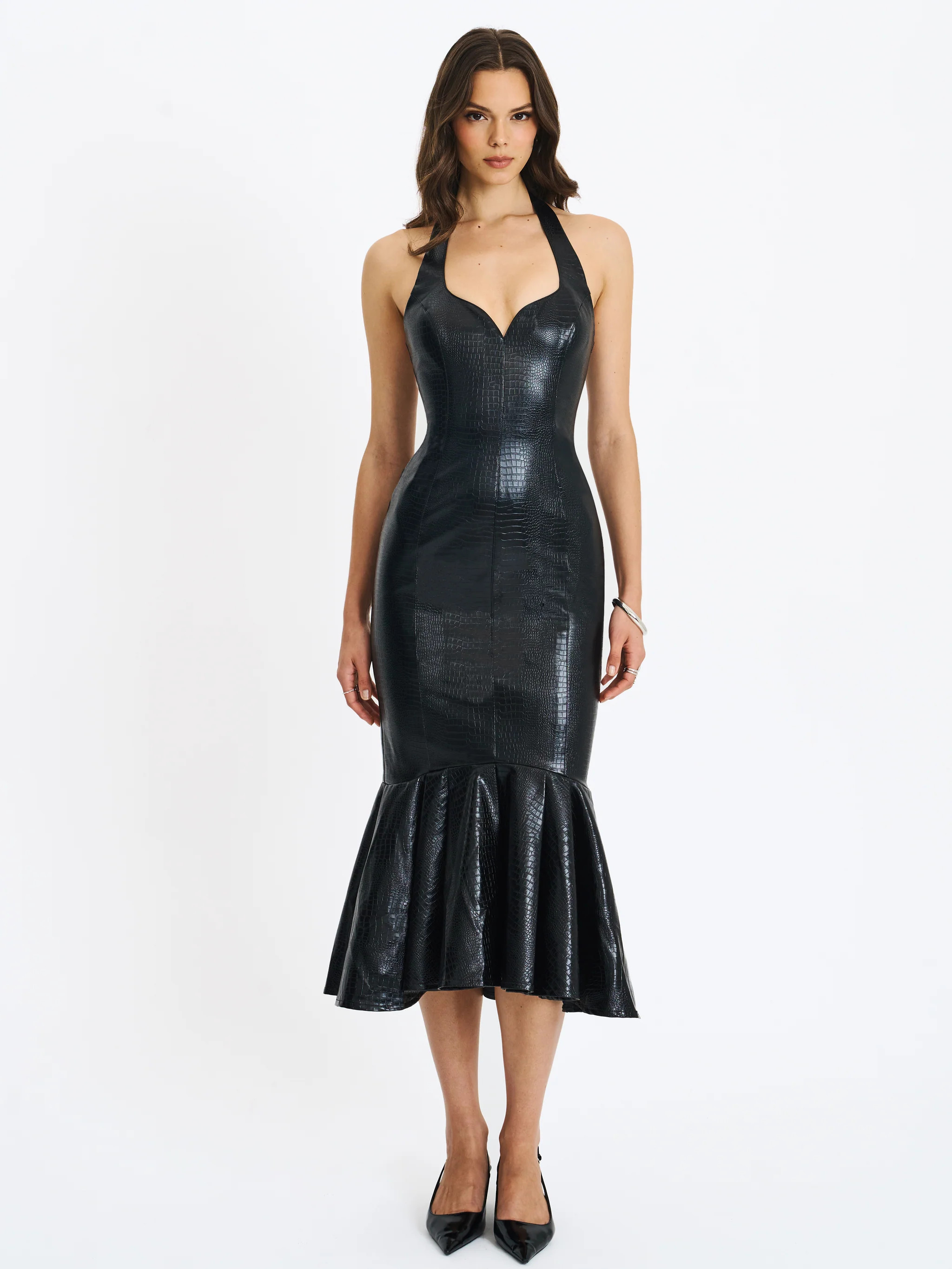 Gardenia Black Leather Midi Sweetheart Halter Flared Dress | Miss Circle