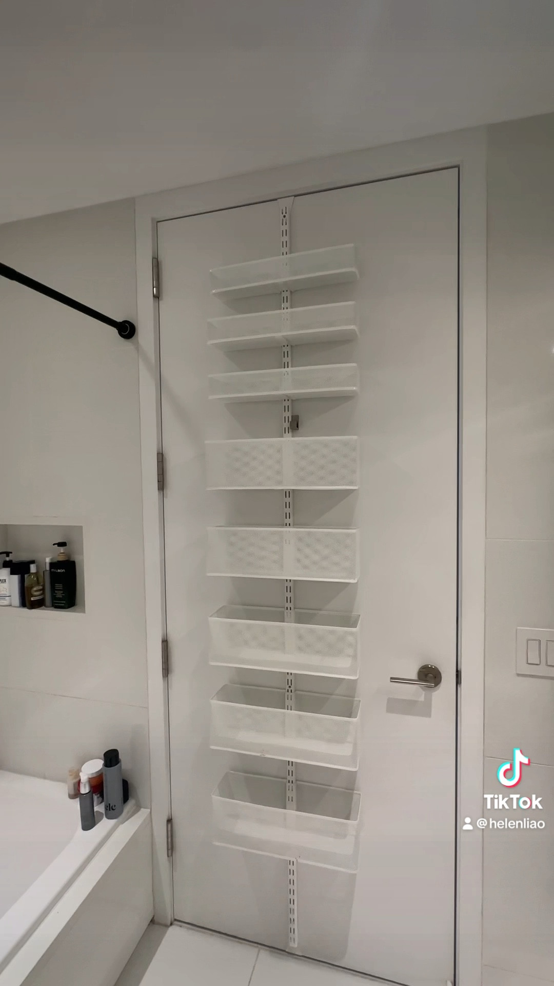 The doors in my apartment are technically commercial sized, so I got a standard 94” mount and had it custom cut to 90” (my door is 93” tall). They recommend you get a mount that’s at least 2.25" shorter than your door height! I also have 1.75in thick doors, so I got the commercial hooks. For this layout, I used 3 medium mesh bins & 5 large mesh bins

#LTKfindsunder50 #LTKsalealert #LTKhome