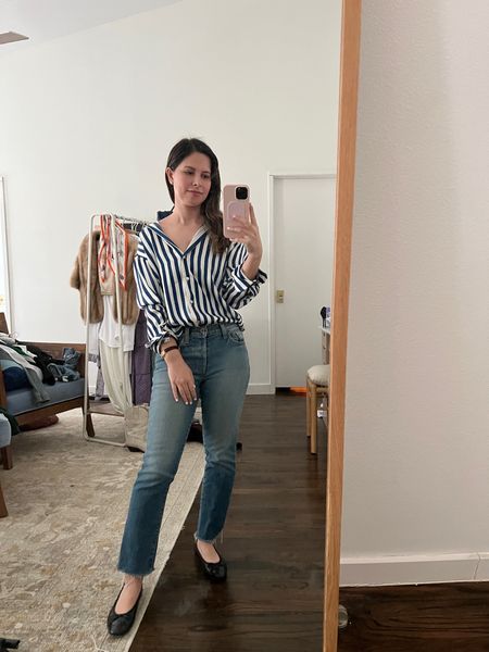 White and blue striped blouse, Zara blouse, cropped jeans, spring outfit, spring style, black Chanel ballerina flats, simple style, French girl aesthetic 

#LTKstyletip #LTKunder100