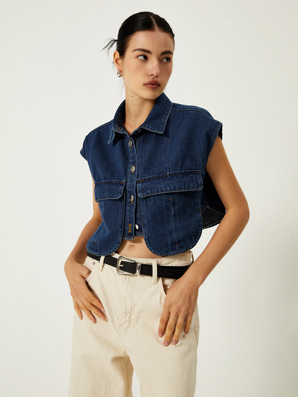 Denim Pockets Turn Down Collar Vest | Commense