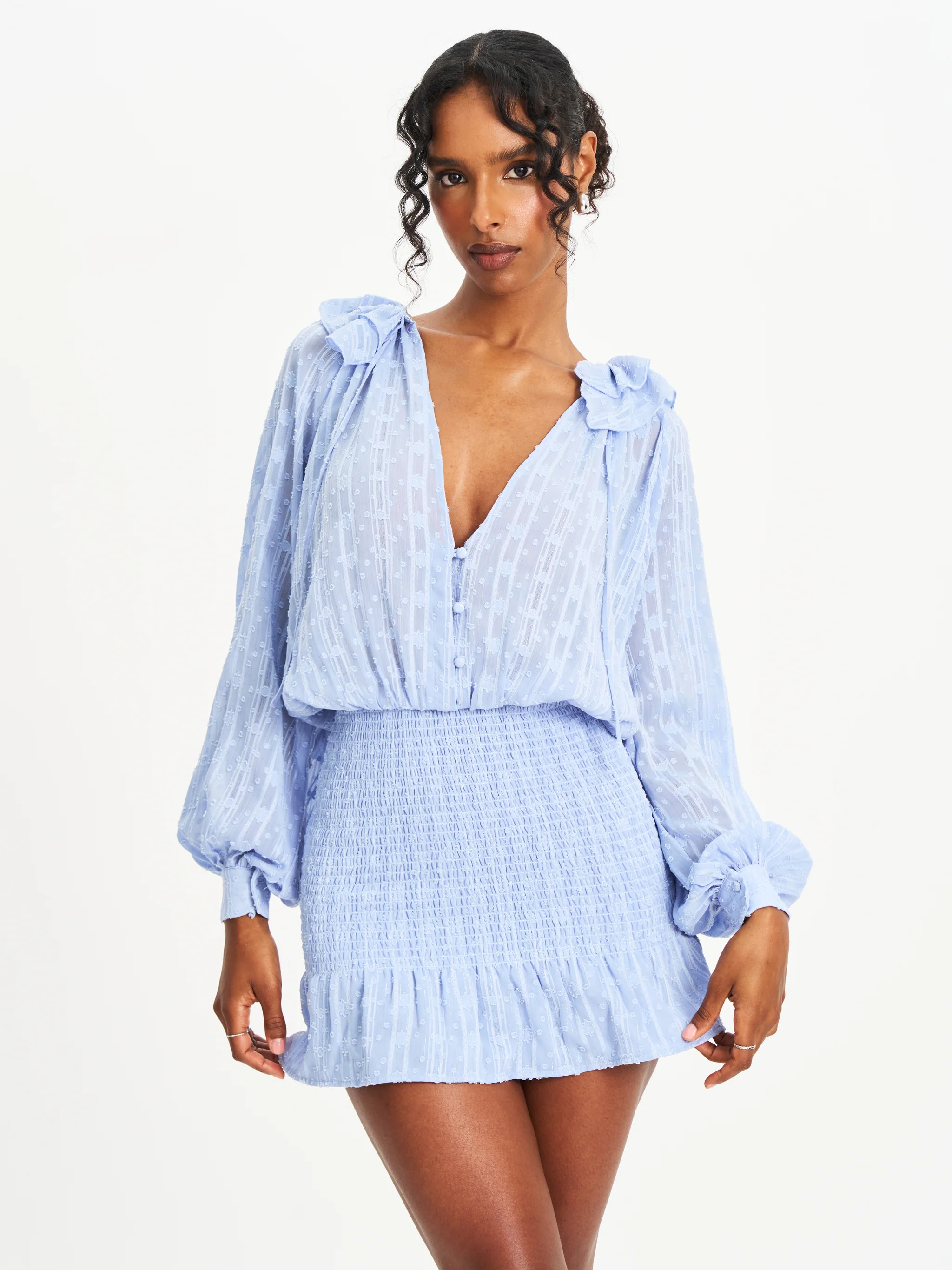 Zahari Blue Smock Bottom Balloon Sleeve Mini Dress | Miss Circle