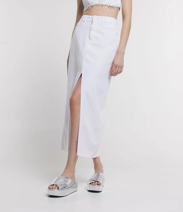 Saia Midi em Sarja com Fenda e Barra Desfiada Branco - Lojas Renner | Renner (BR)