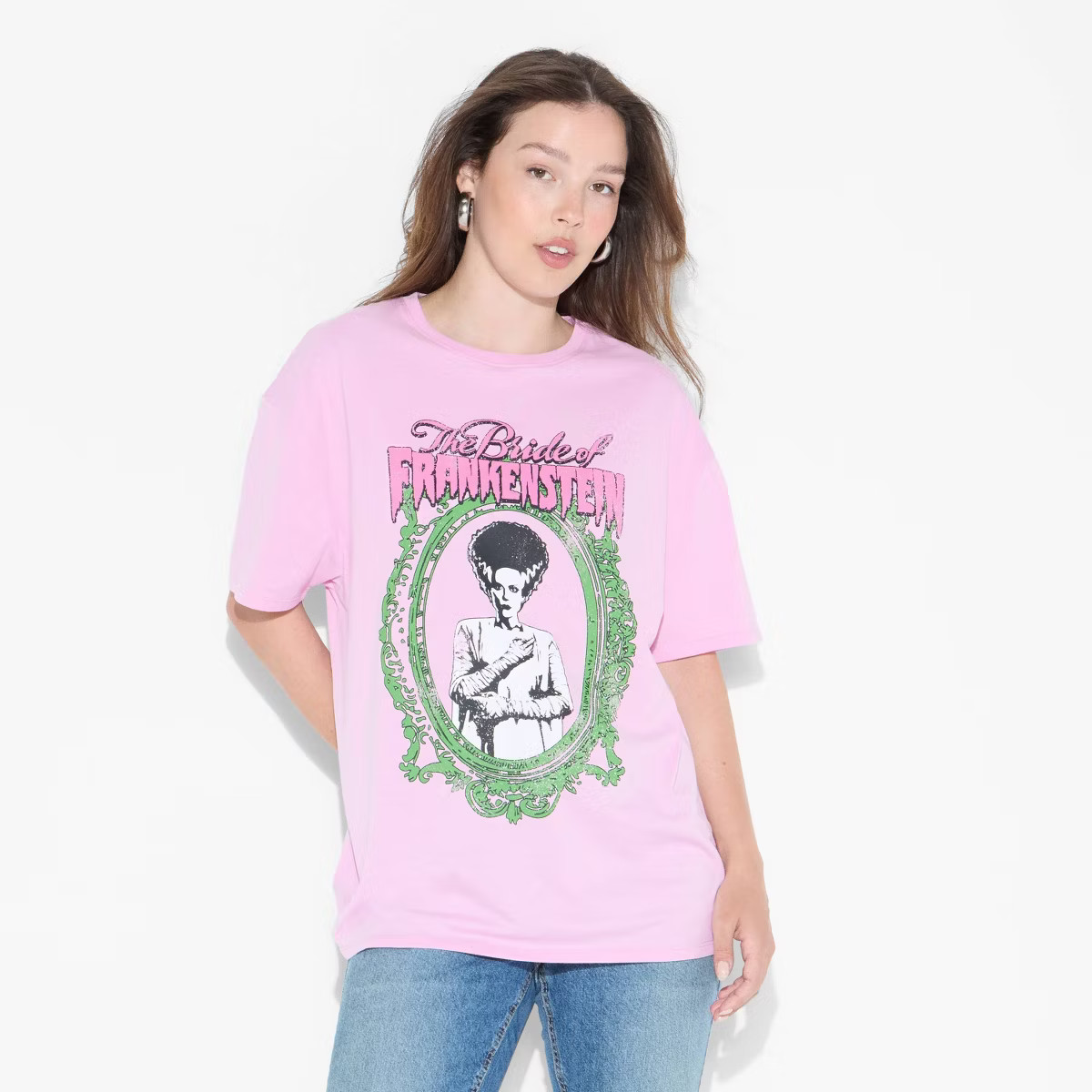 Women's Bride of Frankenstien Oversized Short Sleeve Graphic T-Shirt - Pink | Target