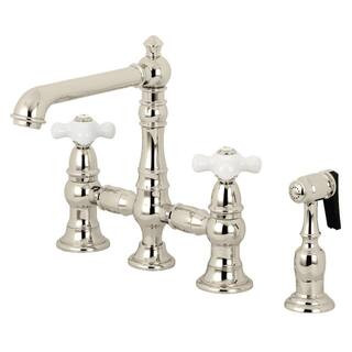 English Country 2-Handle Bridge Kitchen Faucet with Side Sprayer in Polished Nickel | The Home Depot