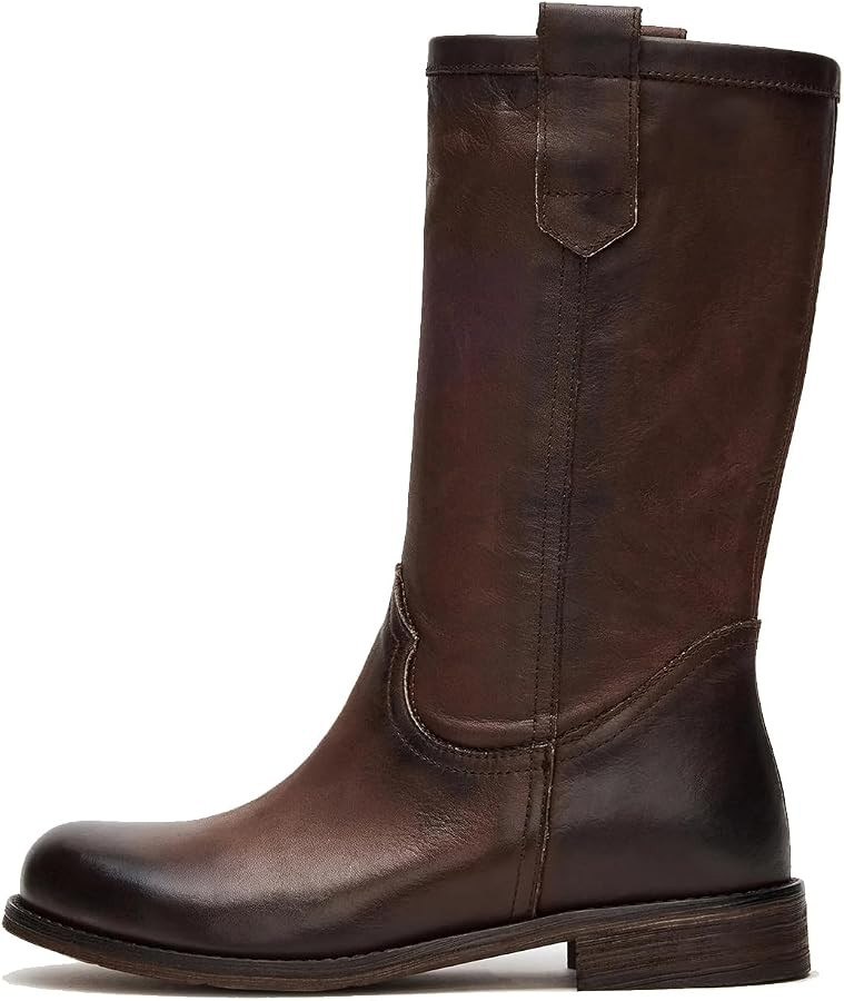 Mid Calf Boots for Women Chunky Block Heel Pull On Boots Round Toe Low Heel Trendy Stylish Riding... | Amazon (US)