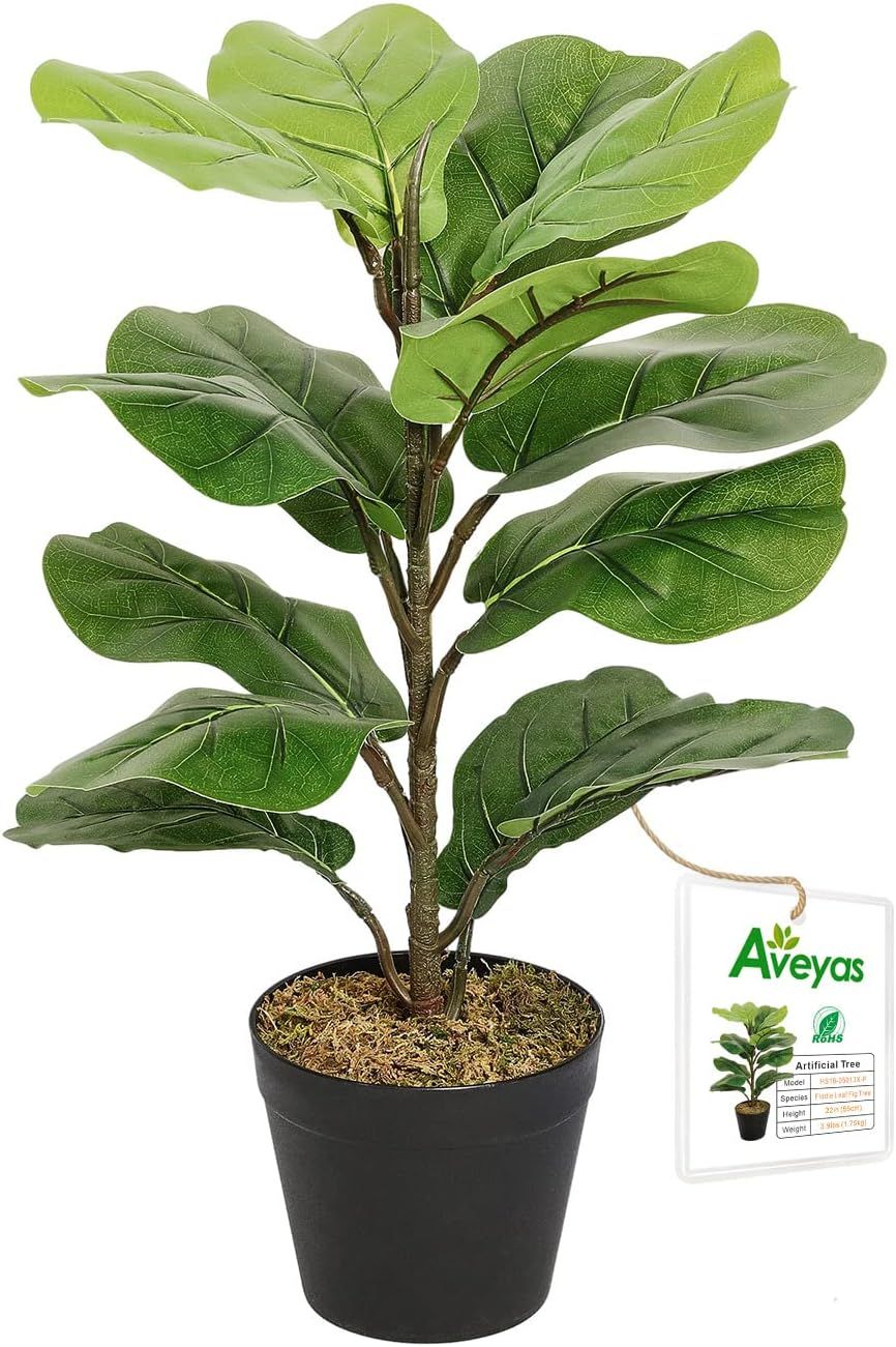 Aveyas 22" Tall Artificial Fiddle Leaf Fig Tree in Cemented Plastic Pot, 22 inch Potted Faux Silk... | Amazon (US)