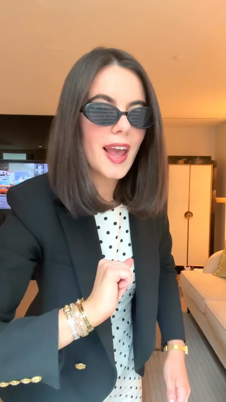 New York City travel look from Cle to the big city! Polka set that I layered my black blazer and Chanel ballet flats! 