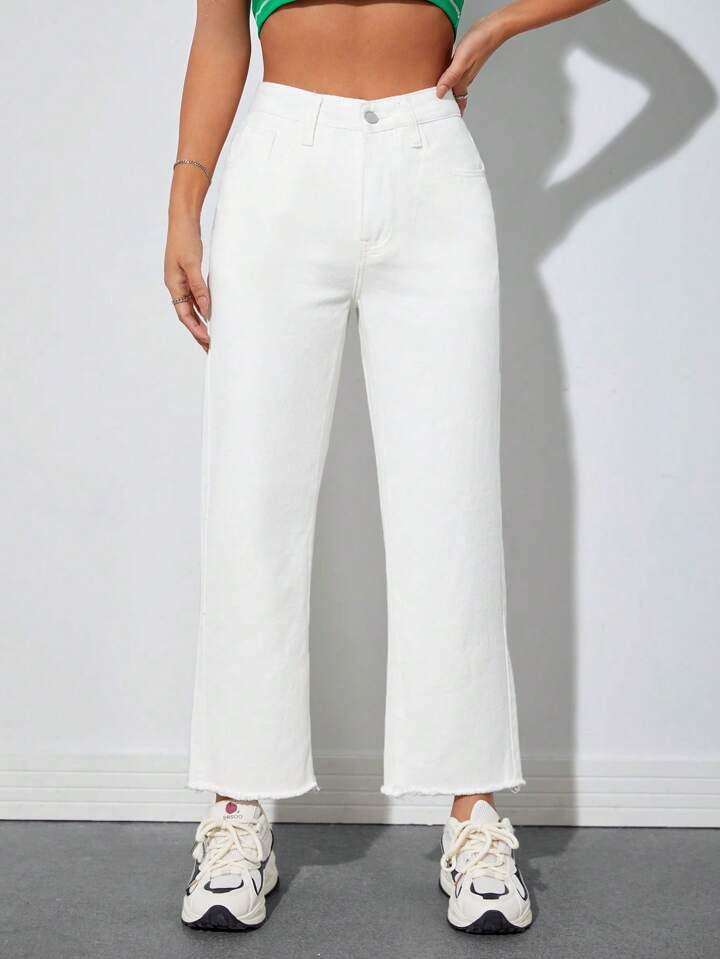 SHEIN PETITE Solid Raw Hem Jeans | SHEIN