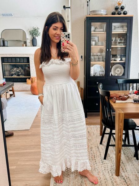 Spring try on
Wearing a medium tall in the smocked maxi white dress 

#LTKWedding #LTKMidsize #LTKSaleAlert