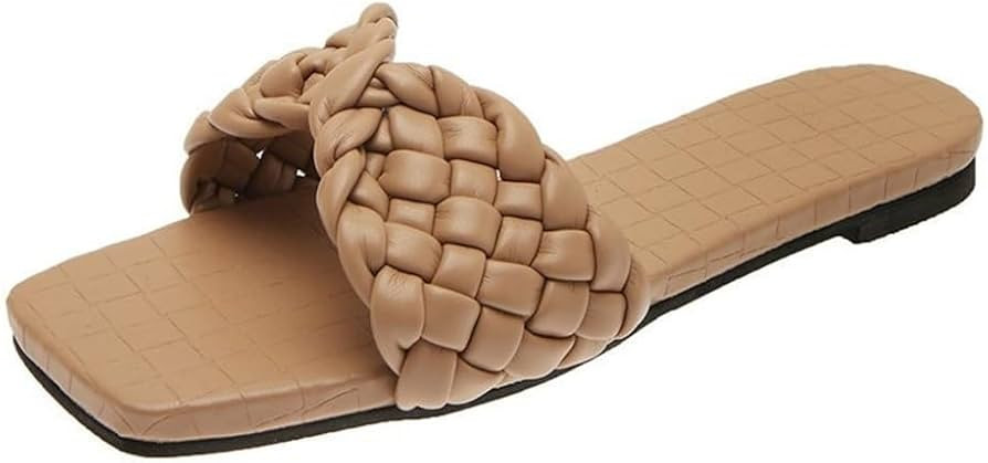 2024Women's Squared Open Toe Slide Sandals Braided Single Strap Leather Low Heel Flat Shoes(Apric... | Amazon (US)