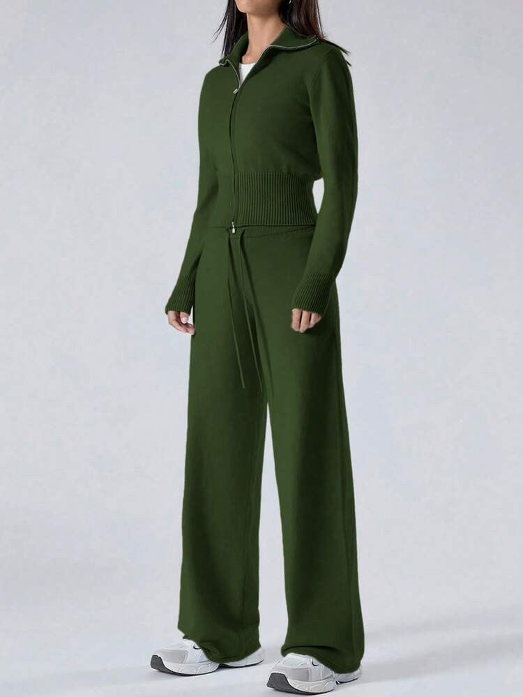 LYSMO 2pcs Women Military Green Zip-Up Cardigan And Knit Pants Casual Sweater Set, Autumn/Winter,Fall,Fall Clothes For Women | SHEIN