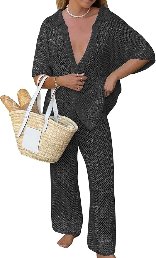 Famulily Womens Sexy Hollow Out Swimsuit Cover Up Sets Button Up Tops and Drawstring Pants 2 Piec... | Amazon (US)