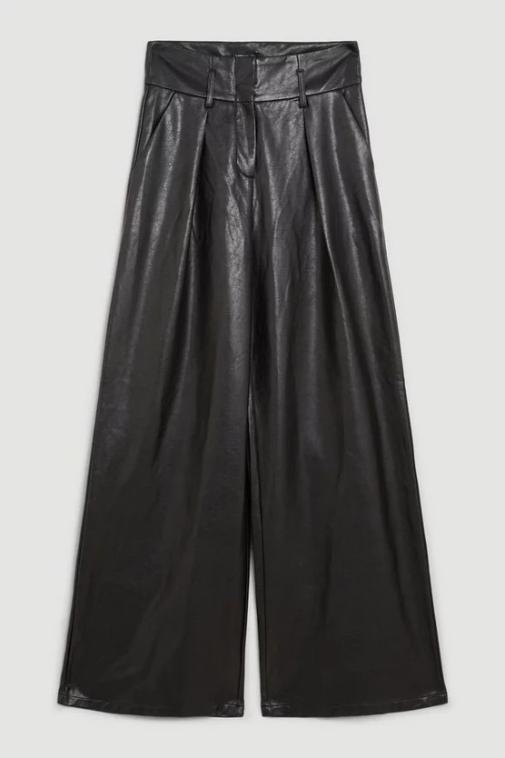 Faux Leather High Waisted Wide Leg Trousers | Karen Millen | Karen Millen UK + IE + DE + NL