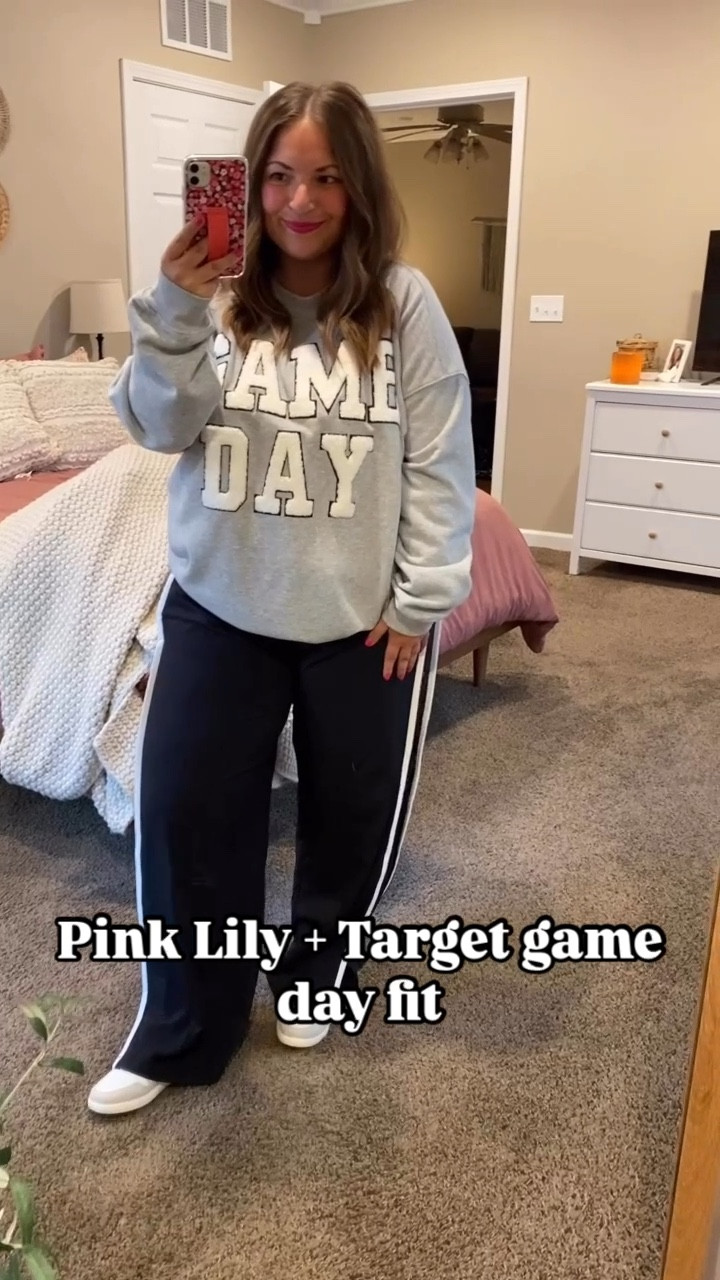Y’all know I looove dressing up for game days!!! 😍🏈🫶🏻 Sneakers & pants are Target & crew is Pink Lily. 

sneakers: fit true to size // wearing a 5
pants: fit true to size // wearing a large
crewneck: fits true to size // wearing a large

#LTKStyleTip #LTKFindsUnder50 #LTKFindsUnder100