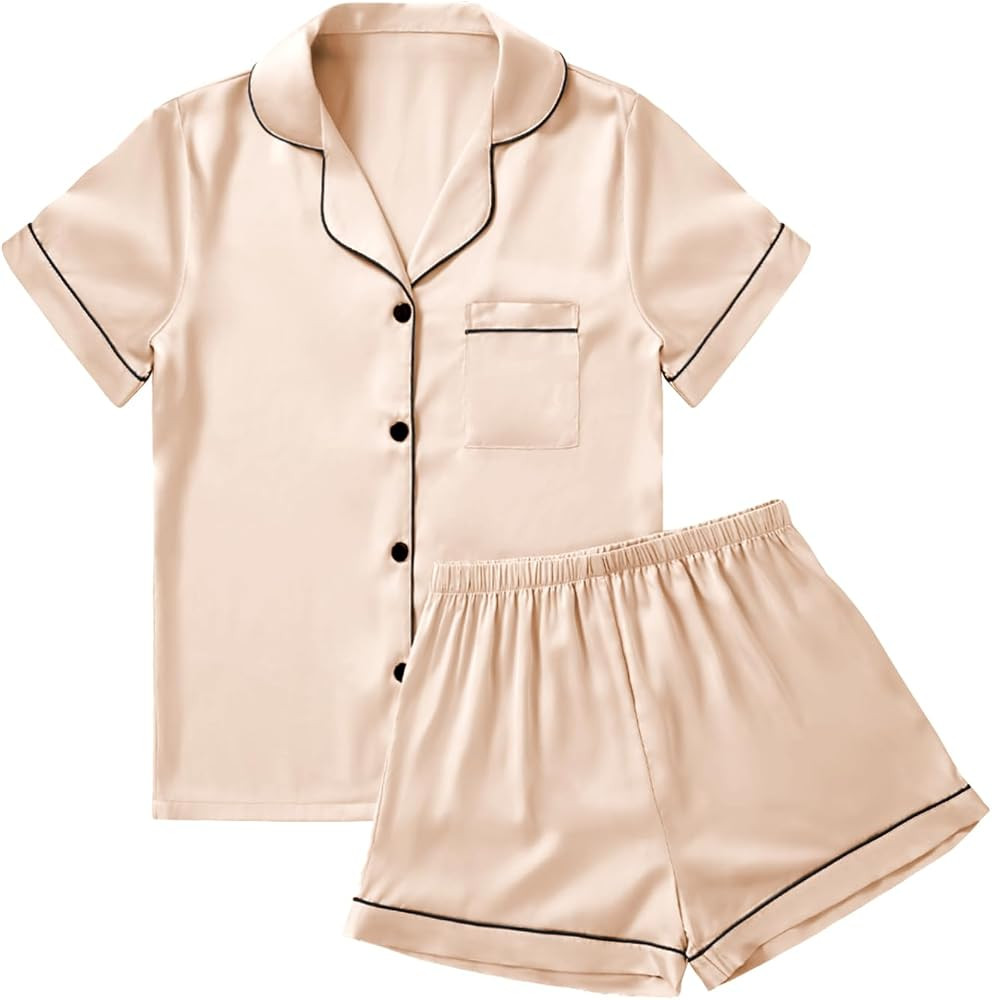 LYANER Women's Striped Silky Satin Pajamas Short Sleeve Top with Shorts Sleepwear PJ Set | Amazon (US)