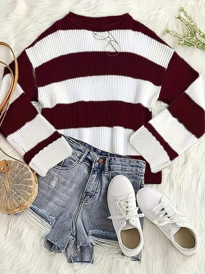 Striped Crew Neck Pullover Sweater, Casual Long Sleeve Oversized Sweater, Women's Clothing | Temu Affiliate Program
