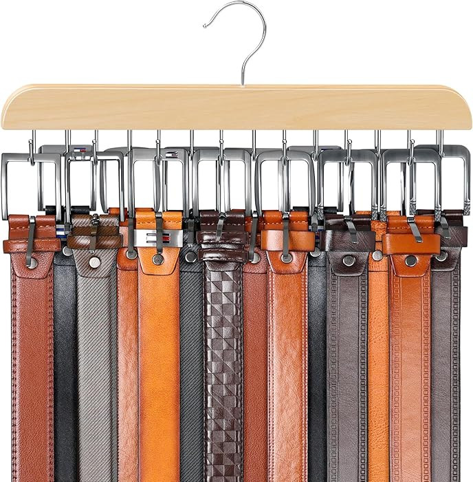 Belt Hanger for Closet Max 42 Belts, Sturdy Wood Belts Rack Closet Accessories with 14 Hooks Belt... | Amazon (US)
