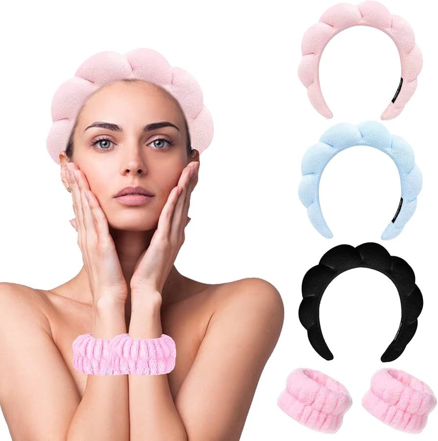 5Pcs Spa Headbands for Women Girl, Sponge Makeup Headband Terry Cloth Fabric Bubble Hair Band, Pa... | Amazon (US)