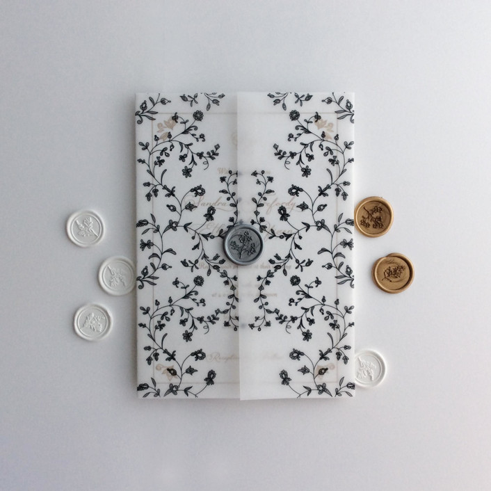 Black dainty floral vines printed vellum wrap for 5x7 card  | pack of 10 | Minted