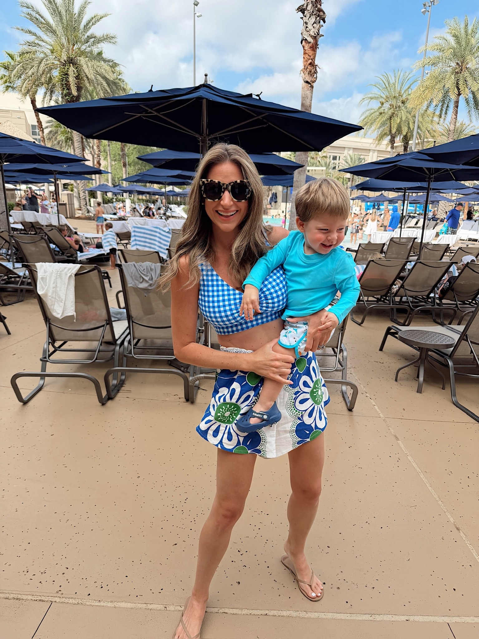 Mommy and Storm pool day ootds! I’m in a medium swimsuit, medium shorts, sandals and accessories - fits tts. Storms cutie shark swim trunks and rash guard are from Caden lane! 

#LTKSwim #LTKBaby #LTKmomlife