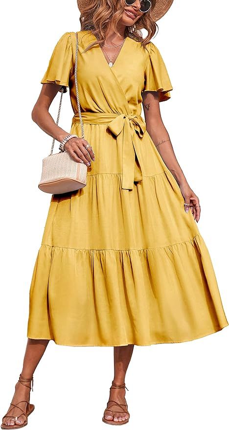PRETTYGARDEN Summer Dresses for Women 2023 V Neck Wrap Short Sleeve Boho Midi Dress Tie Waist A L... | Amazon (US)