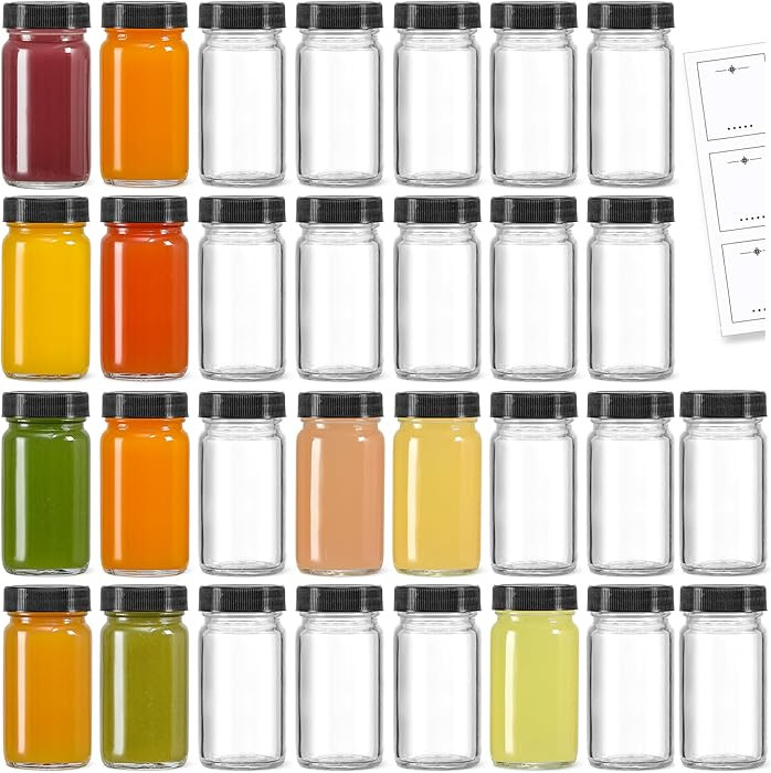 30 Pack 2 oz Glass Shot Bottles w/ Black Lids & 30 Labels - Small Clear Jar for Ginger, Wellness ... | Amazon (US)