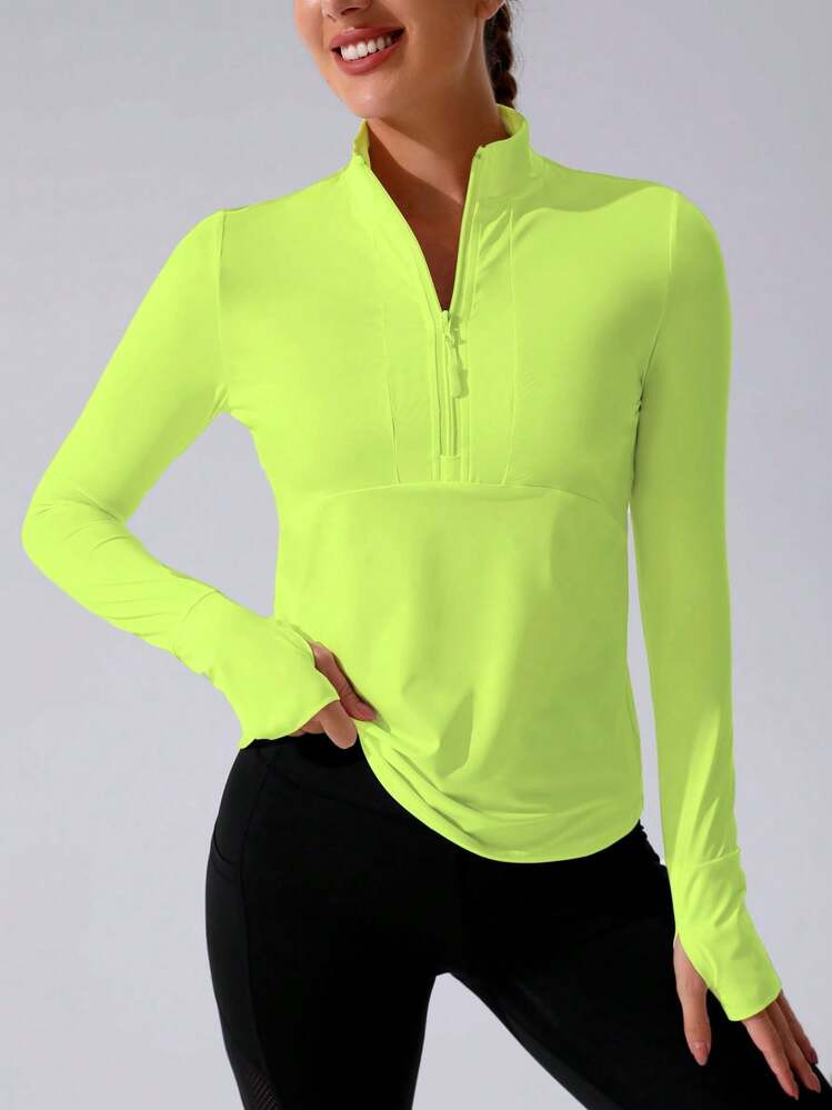 SHEIN Core Rhythm Fluorescent Green Stand Collar Half Zipper Sports Long Sleeve Sweatshirt With ... | SHEIN