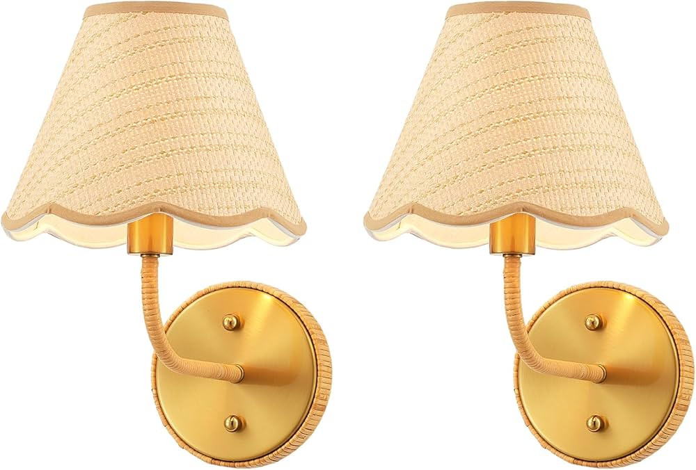 Elycucpa Boho Hand Woven Rattan Wall Sconces Set of Two Rustic Industrial Wall Lamp Brass Farmhou... | Amazon (US)