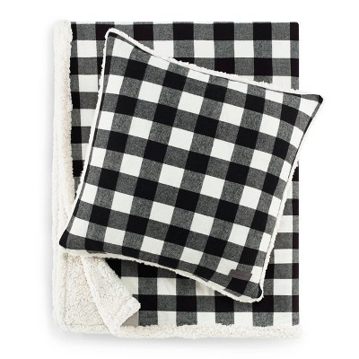 Eddie Bauer 50"x60" Cabin Plaid Throw Blanket with Square Throw Pillow Set Black/Whiter: Cozy Fleece, Cotton Twill, Machine Washable | Target